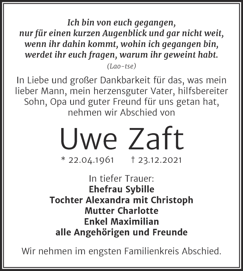  Traueranzeige für Uwe Zaft vom 31.12.2021 aus Trauerkombi Weißenfels
