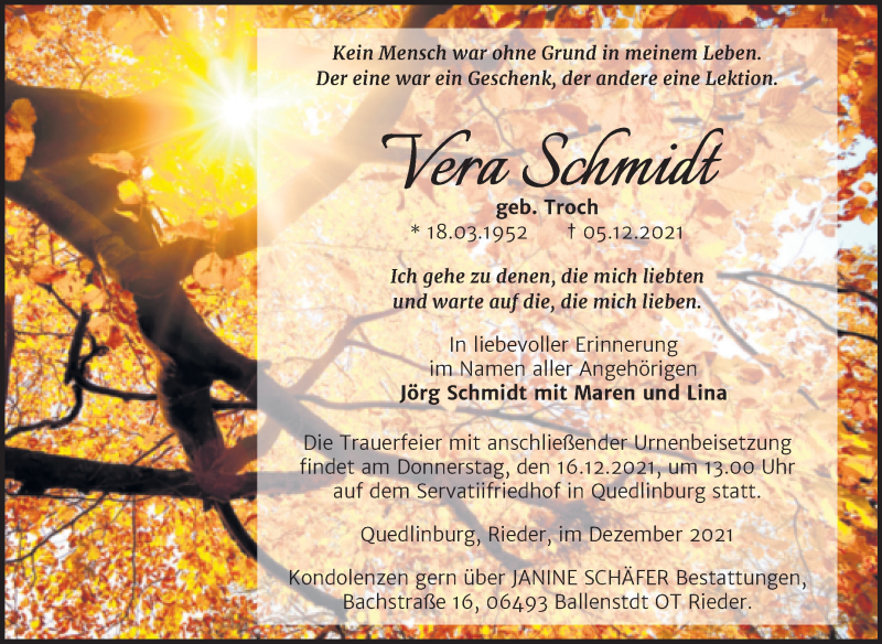  Traueranzeige für Vera Schmidt vom 11.12.2021 aus Trauerkombi Quedlinburg