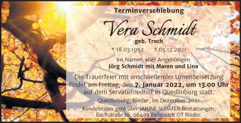 Traueranzeige von Vera Schmidt von Trauerkombi Quedlinburg