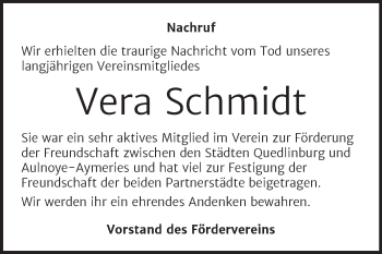 Traueranzeige von Vera Schmidt von Trauerkombi Quedlinburg