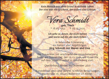 Traueranzeige von Vera Schmidt von Trauerkombi Quedlinburg