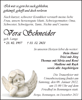 Traueranzeige von Vera Schneider von Trauerkombi Sangerhausen