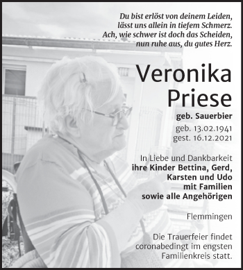 Traueranzeige von Veronika Priese von Naumburger Tageblatt