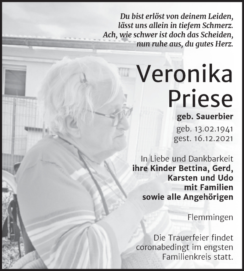  Traueranzeige für Veronika Priese vom 24.12.2021 aus Naumburger Tageblatt