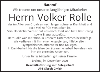Traueranzeige von Volker Rolle von Mitteldeutsche Zeitung Halle/Saalkreis