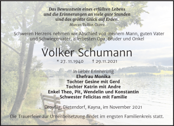 Traueranzeige von Volker Schumann von Trauerkombi Zeitz