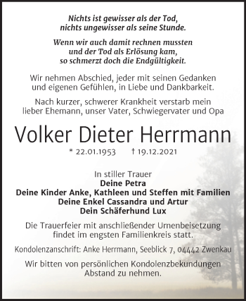 Traueranzeige von Volker Dieter Herrmann von Trauerkombi Zeitz