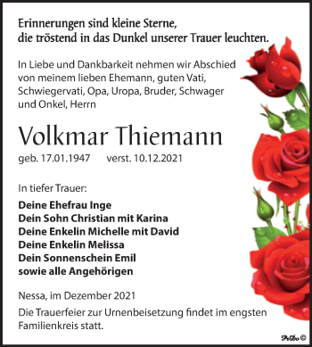 Traueranzeige von Volkmar Thiemann von Trauerkombi Weißenfels