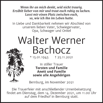 Traueranzeige von Walter Werner Bachocz von Trauerkombi Bernburg