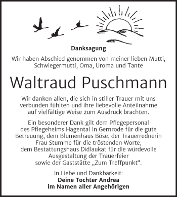 Traueranzeige von Waltraud Puschmann von Trauerkombi Quedlinburg