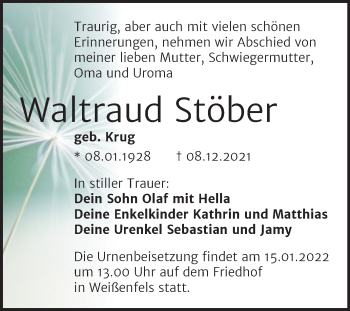 Traueranzeige von Waltraud Stöber von Mitteldeutsche Zeitung Weißenfels