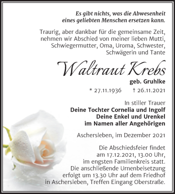 Traueranzeige von Waltraut Krebs von Trauerkombi Aschersleben