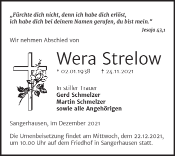 Traueranzeige von Wera Strelow von Trauerkombi Sangerhausen