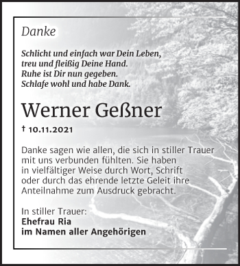 Traueranzeige von Werner Geßner von Trauerkombi Bitterfeld