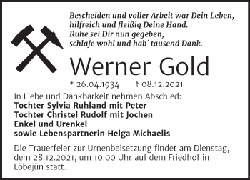 Traueranzeige von Werner Gold von Mitteldeutsche Zeitung Halle/Saalkreis