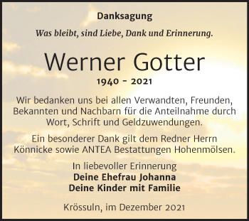 Traueranzeige von Werner Gotter von Trauerkombi Weißenfels
