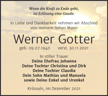 Traueranzeige von Werner Gotter von Trauerkombi Weißenfels