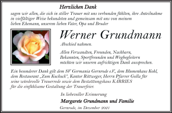 Traueranzeige von Werner Grundmann von Trauerkombi Quedlinburg