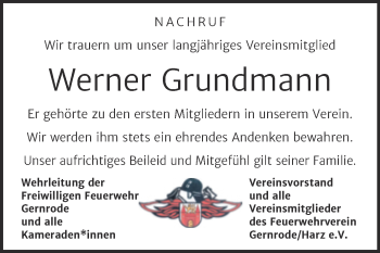 Traueranzeige von Werner Grundmann von Trauerkombi Quedlinburg