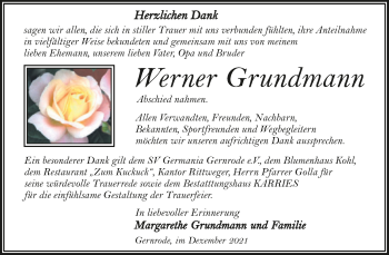 Traueranzeige von Werner Grundmann von Trauerkombi Quedlinburg