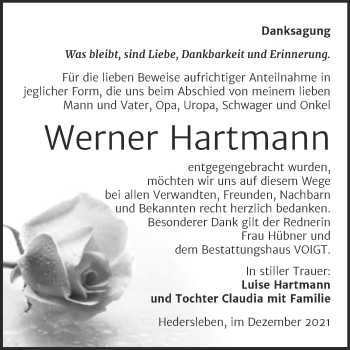 Traueranzeige von Werner Hartmann von Trauerkombi Mansfelder Land
