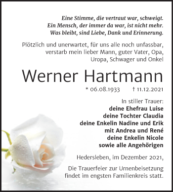 Traueranzeige von Werner Hartmann von Trauerkombi Mansfelder Land
