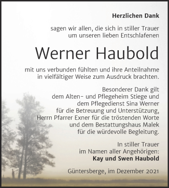 Traueranzeige von Werner Haubold von Trauerkombi Quedlinburg