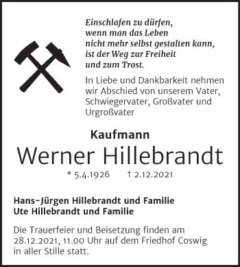 Traueranzeige von Werner Hillebrandt von Trauerkombi Wittenberg
