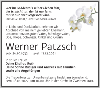 Traueranzeige von Werner Patzsch von Trauerkombi Merseburg