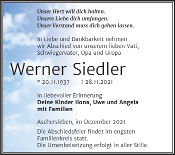 Traueranzeige von Werner Siedler von Trauerkombi Aschersleben