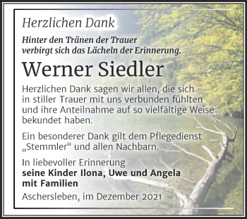 Traueranzeige von Werner Siedler von Trauerkombi Aschersleben