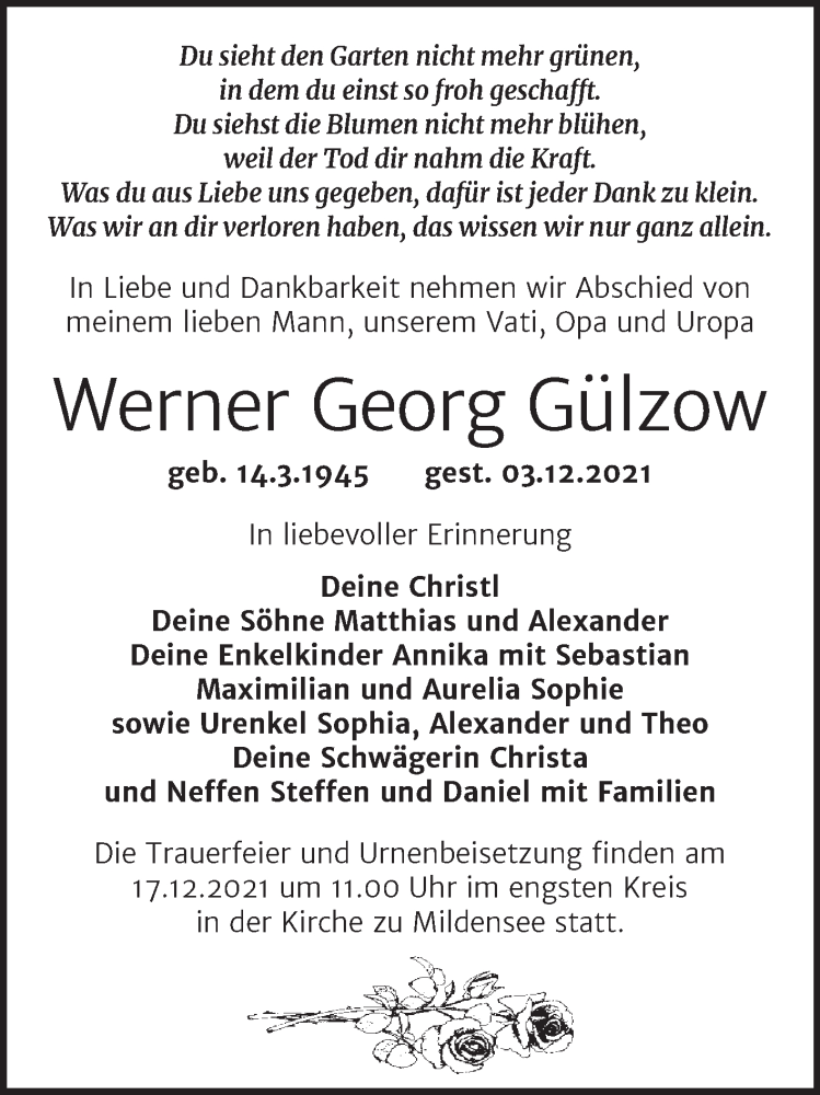  Traueranzeige für Werner Georg Gülzow vom 11.12.2021 aus Trauerkombi Dessau