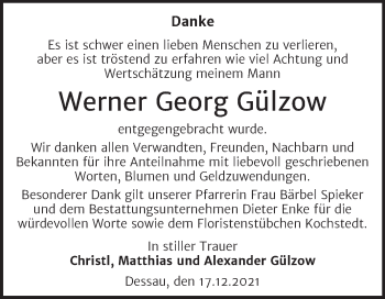 Traueranzeige von Werner Georg Gülzow von Trauerkombi Dessau