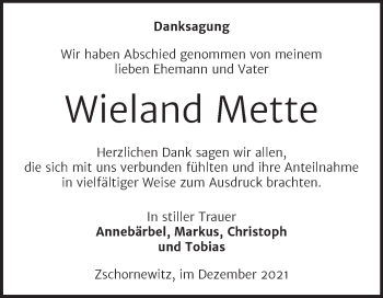 Traueranzeige von Wieland Mette von Super Sonntag Wittenberg