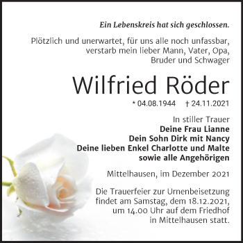 Traueranzeige von Wilfried Röder von Trauerkombi Sangerhausen