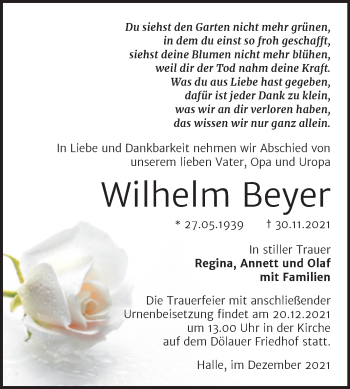 Traueranzeige von Wilhelm Beyer von Mitteldeutsche Zeitung Halle/Saalkreis