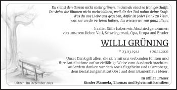 Traueranzeige von Willi Grüning von Trauerkombi Weißenfels