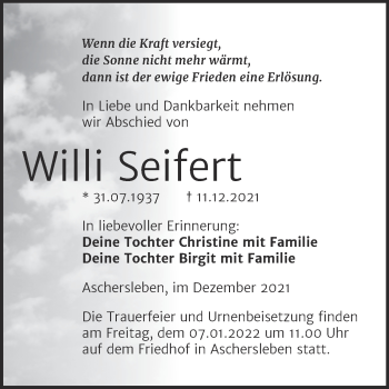 Traueranzeige von Willi Seifert von Trauerkombi Aschersleben