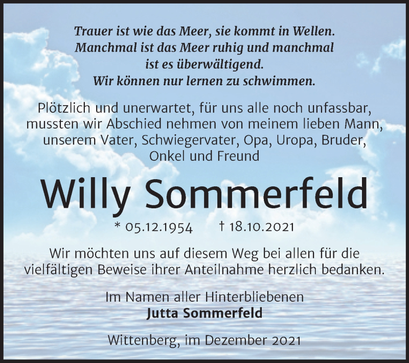  Traueranzeige für Willy Sommerfeld vom 04.12.2021 aus Trauerkombi Wittenberg
