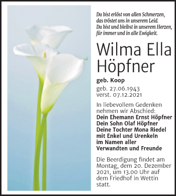 Traueranzeige von Wilma Ella Höpfner von Mitteldeutsche Zeitung Halle/Saalkreis