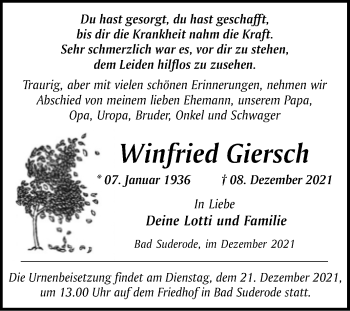 Traueranzeige von Winfried Giersch von Trauerkombi Quedlinburg