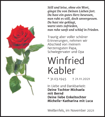 Traueranzeige von Winfried Kabler von Trauerkombi Weißenfels