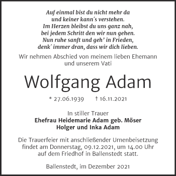 Traueranzeige von Wolfgang Adam von Trauerkombi Aschersleben