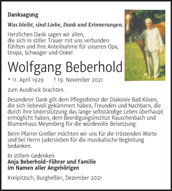 Traueranzeige von Wolfgang Beberhold von Wochenspiegel Naumburg/Nebra