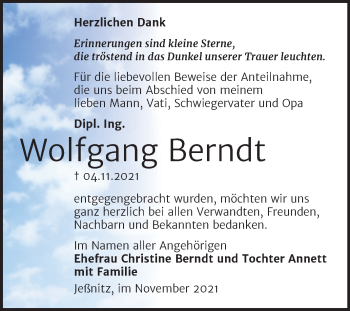 Traueranzeige von Wolfgang Berndt von Trauerkombi Bitterfeld