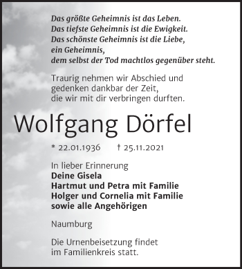 Traueranzeige von Wolfgang Dörfel von Wochenspiegel Naumburg/Nebra