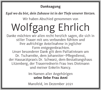 Traueranzeige von Wolfgang Ehrlich von Trauerkombi Mansfelder Land