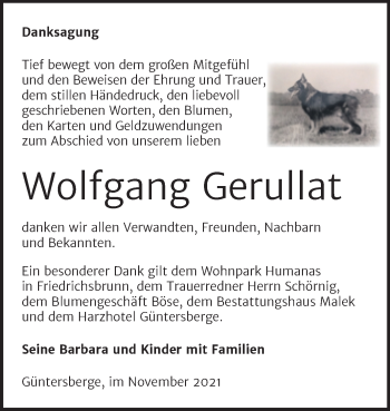 Traueranzeige von Wolfgang Gerullat von Trauerkombi Quedlinburg