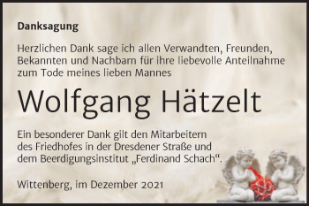 Traueranzeige von Wolfgang Hätzelt von Trauerkombi Wittenberg