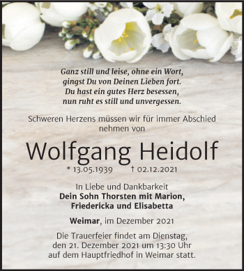 Traueranzeige von Wolfgang Heidolf von Mitteldeutsche Zeitung Halle/Saalkreis